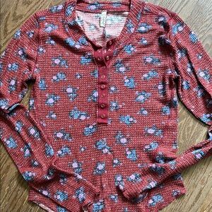 Free People Red Ribbed Button Down Polo Top